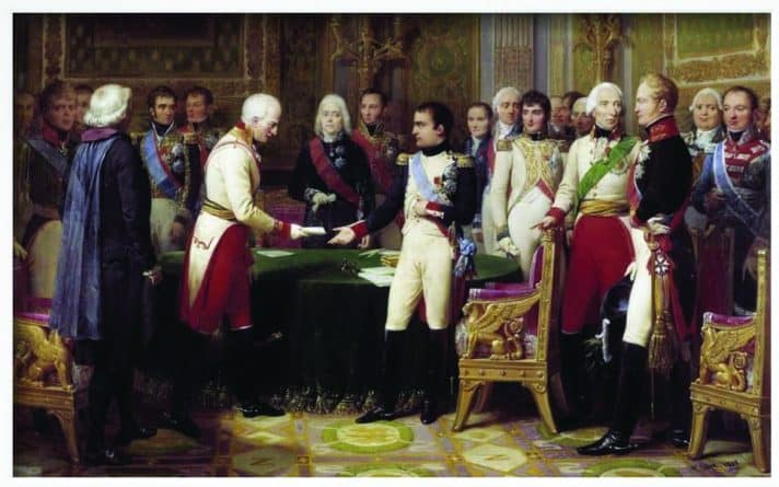 נפוליאון מקבל איגרת משגריר אוסטריה, לצדו שארל דה טליראן, 1808 // ציור מאת ניקולא גוס