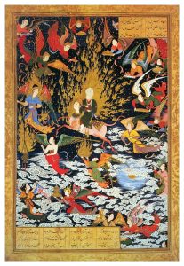 המסע הלילי של מוחמד אל ההר. איור פרסי מהמאה ה־ 16