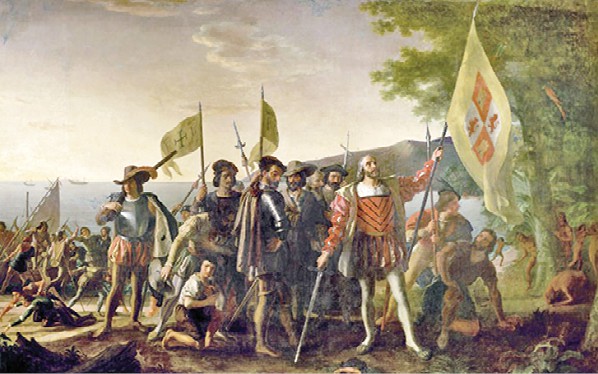 קולומבוס ומלחיו נוחתים באיי הודו המערבית - ציור ג׳ון ונדרלין